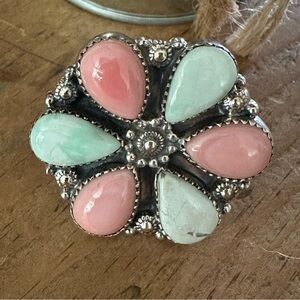 New Sterling Silver 925 Vintage Style Pink Conch & Paloma Adjustable Ring